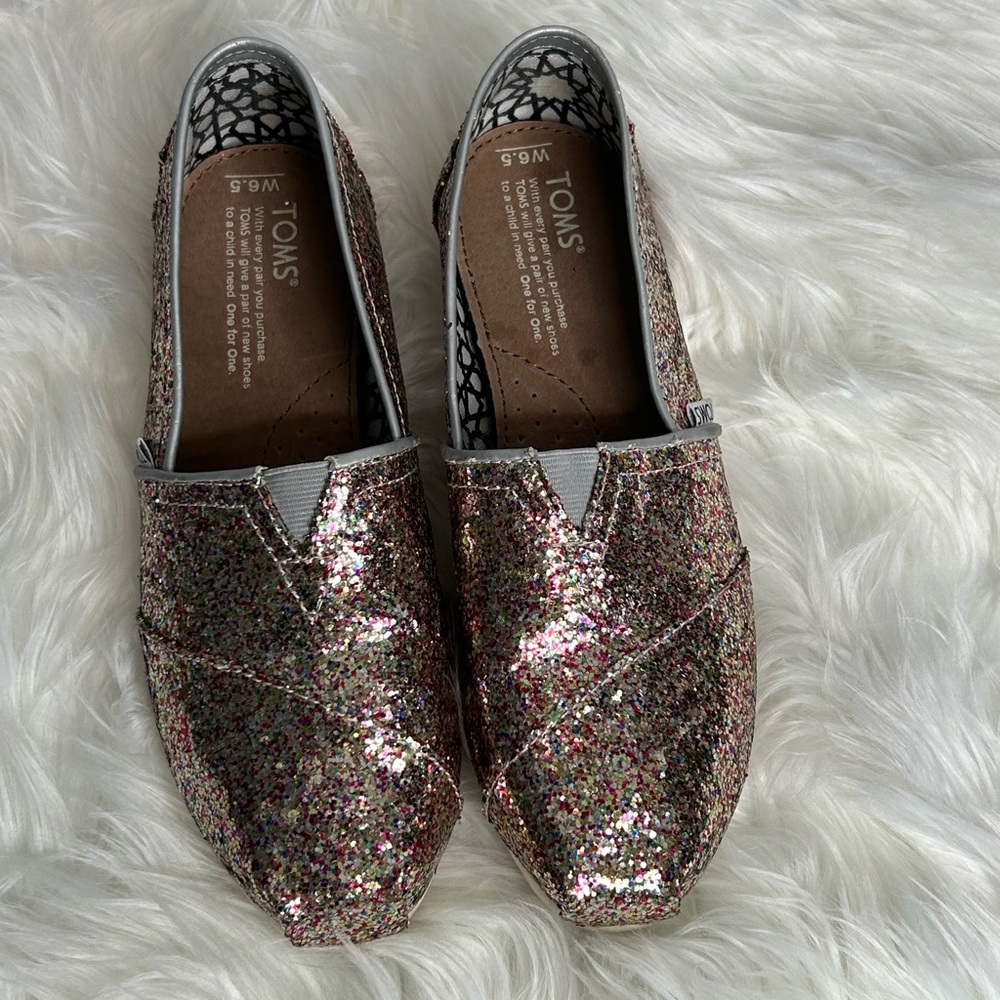 Tom’s red/green/silver and gold sparkle loafers size 6.5